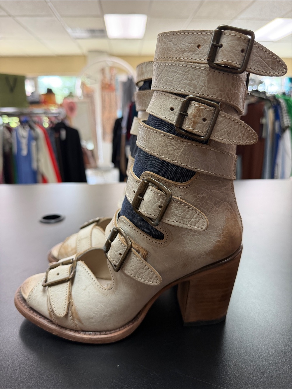 freebird Cream Strappy Buckle Open-Toe Heeled Boots with Denim Inset - Picture 7 of 15